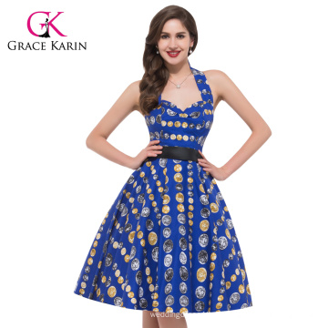 Grace Karin Halter Algodão Joelho Comprimento Vintage Retro 50s Pinup Swing Vestido CL6292-11 #